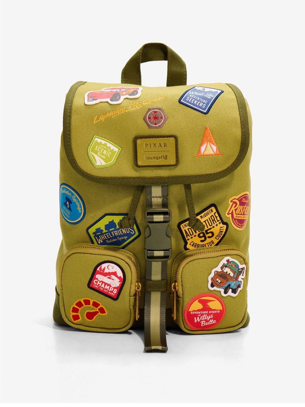 NWT Pixar x Loungefly Cars Lightning McQueen Olive Green Patches Backpack